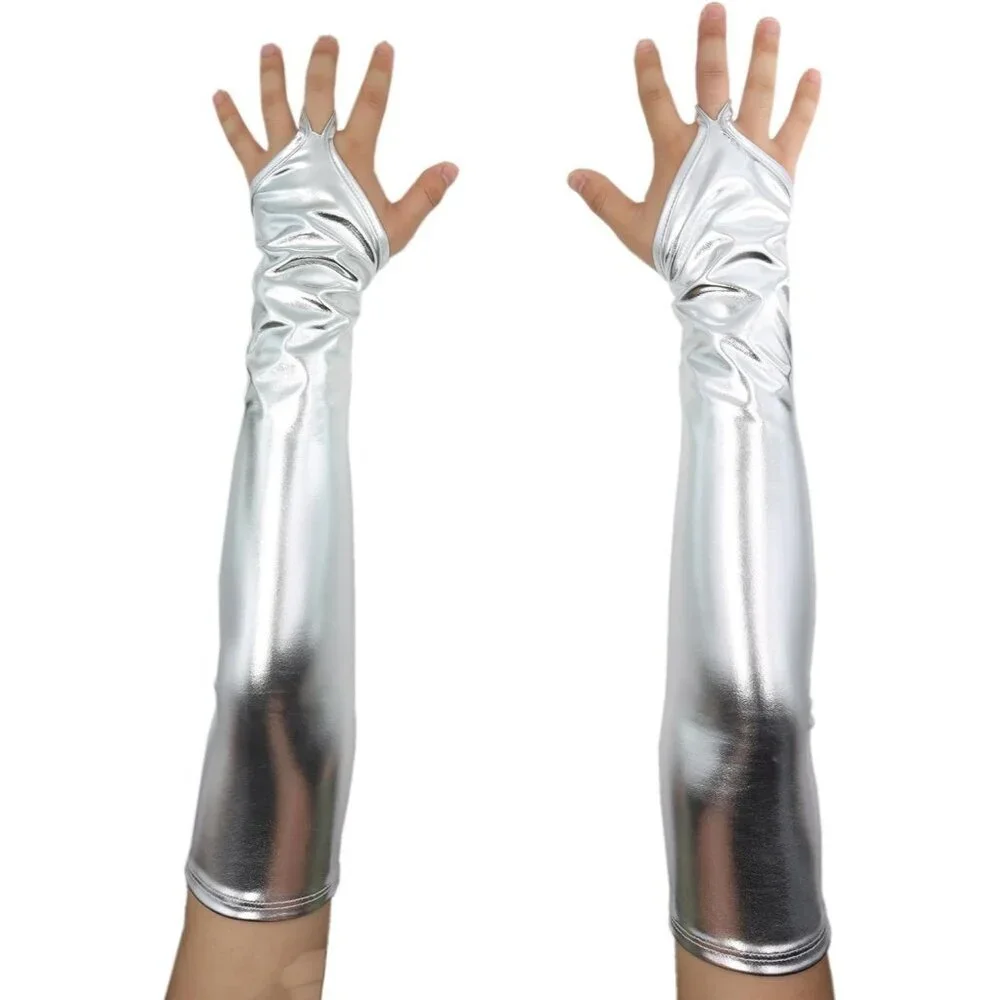 Women's Fingerless Shiny Metallic Spandex Silver Fashion Long Elastic Gloves - Picture 3 of 3